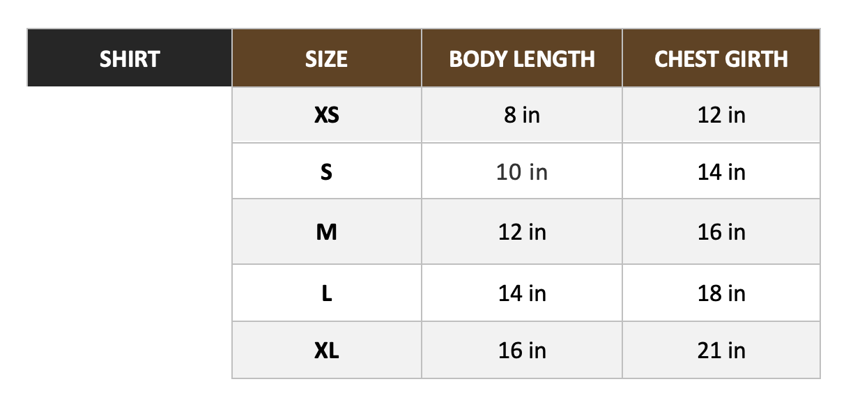 minet size chart for shirts